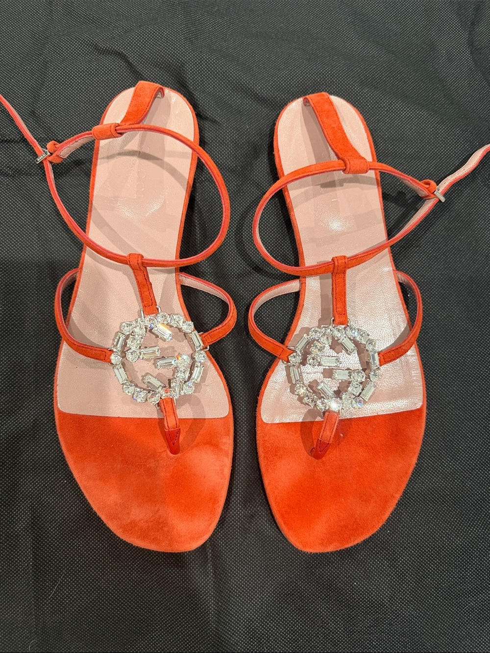 Gucci Orange Suede Strappy Sandals with Crystal Medallions